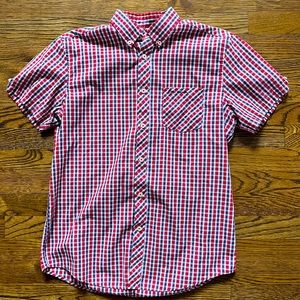 Men’s Ben Sherman Short Sleeve Blue and Red Plaid Casual Dress Shirt Small